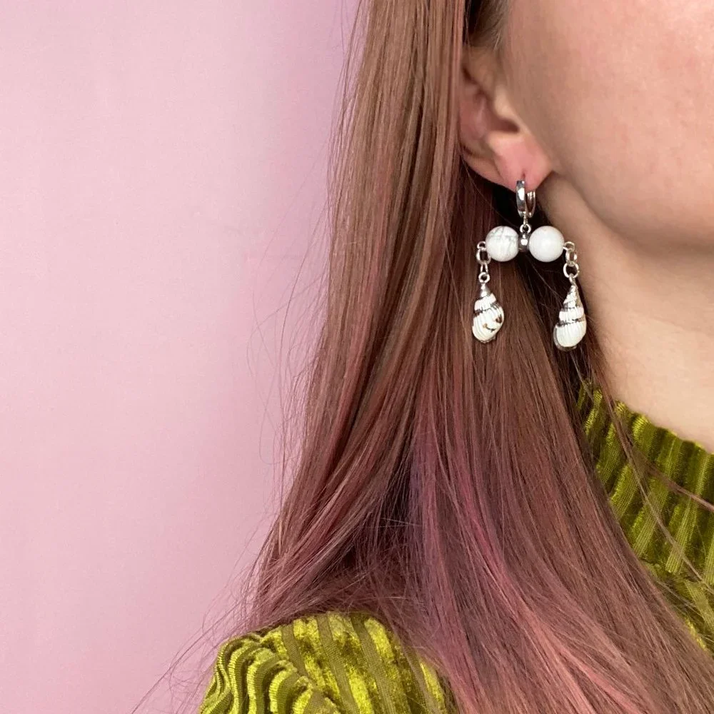 Unique White Shell Chunky Earrings, Handcrafted Howlite Dangle Hoops